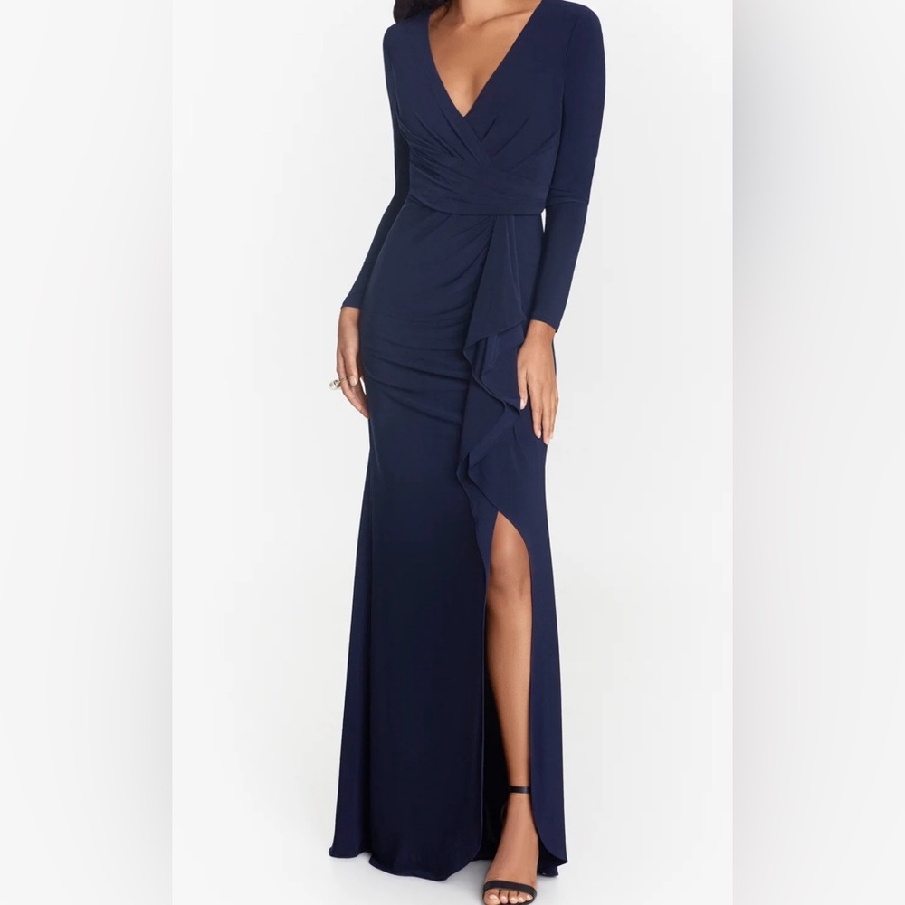 Betsy And Adam “Elle” Blue Long Sleeve Ruffled Side Slit Gown Size 8 (Damaged)
